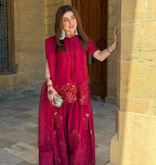 Ravishing Red French Crepe Sequence Work Palazzo Suit
