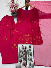 Ravishing Red French Crepe Sequence Work Palazzo Suit