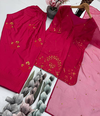 Ravishing Red French Crepe Sequence Work Palazzo Suit