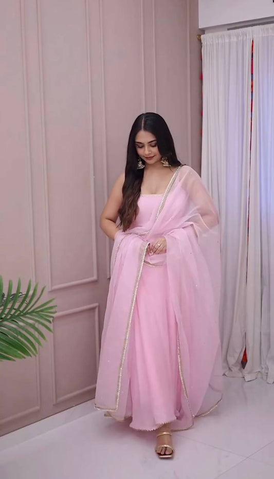 Glorious Pink Georgette Embroidery Work Gown