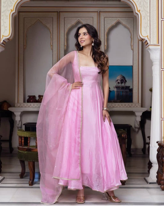 Glorious Pink Georgette Embroidery Work Gown