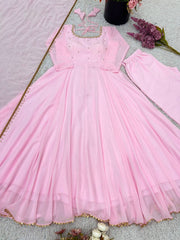 Glorious Pink Georgette Embroidery Work Gown