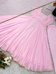 Glorious Pink Georgette Embroidery Work Gown