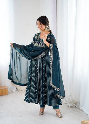 Lovely Green Color Embroidery Work Gown