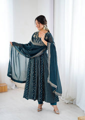 Lovely Green Color Embroidery Work Gown