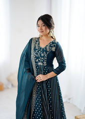 Lovely Green Color Embroidery Work Gown