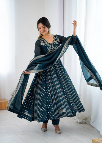 Lovely Green Color Embroidery Work Gown