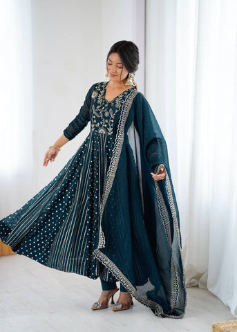 Lovely Green Color Embroidery Work Gown