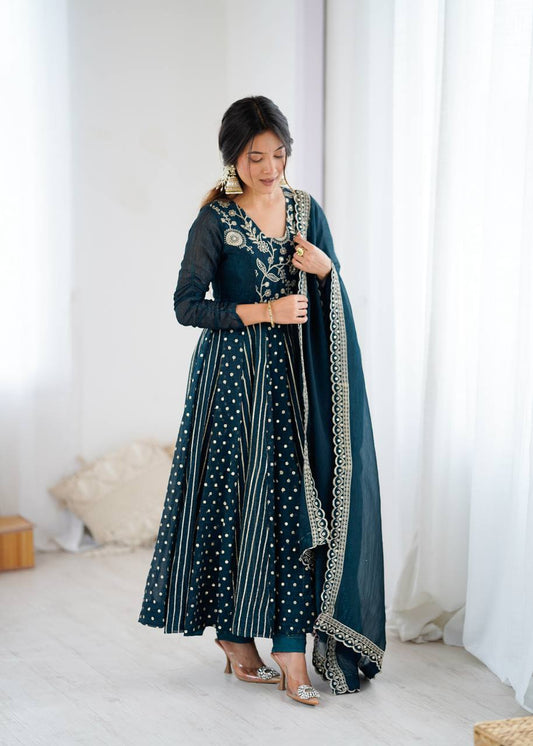 Lovely Green Color Embroidery Work Gown