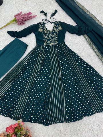 Lovely Green Color Embroidery Work Gown