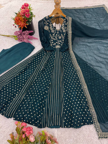 Lovely Green Color Embroidery Work Gown