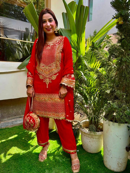Lovely Red Georgette Sequence Work Palazzo Suit