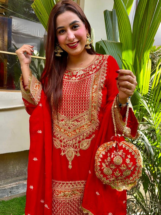 Lovely Red Georgette Sequence Work Palazzo Suit