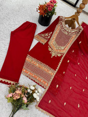 Lovely Red Georgette Sequence Work Palazzo Suit
