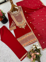 Lovely Red Georgette Sequence Work Palazzo Suit