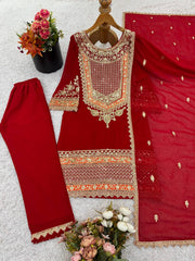 Lovely Red Georgette Sequence Work Palazzo Suit