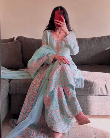 Attractive Sky Blue Silk Embroidered Palazzo Suit