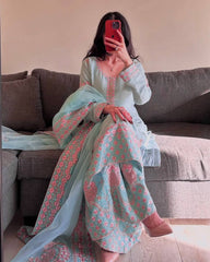 Attractive Sky Blue Silk Embroidered Palazzo Suit