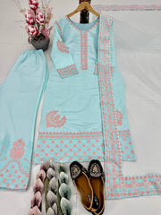 Attractive Sky Blue Silk Embroidered Palazzo Suit