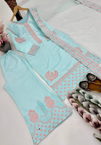 Attractive Sky Blue Silk Embroidered Palazzo Suit