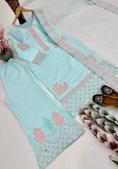 Attractive Sky Blue Silk Embroidered Palazzo Suit