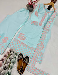 Attractive Sky Blue Silk Embroidered Palazzo Suit