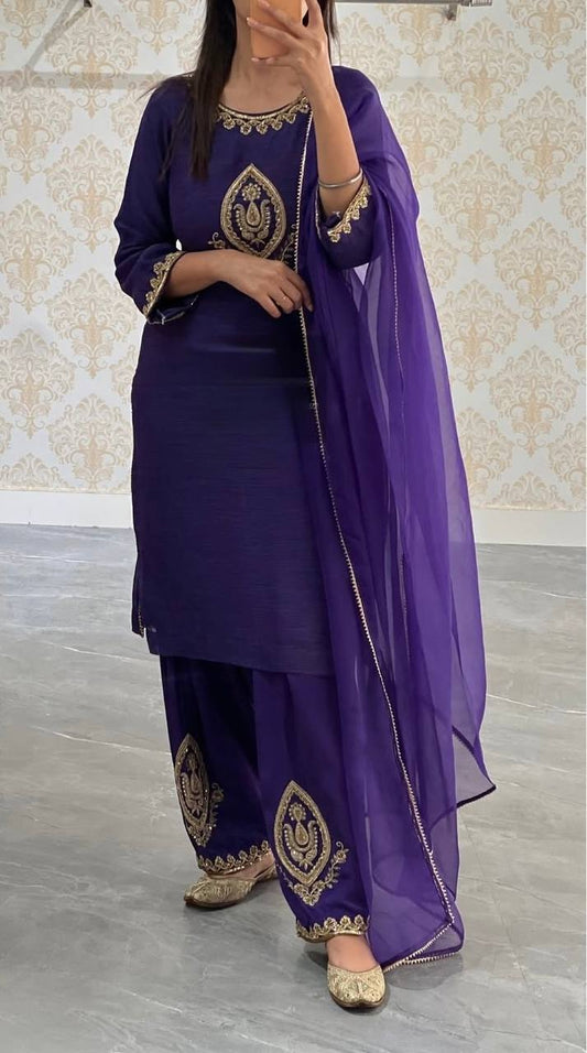 Exclusive Purple Crepe Embroidery Work Palazzo Suit
