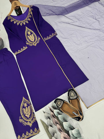 Exclusive Purple Crepe Embroidery Work Palazzo Suit