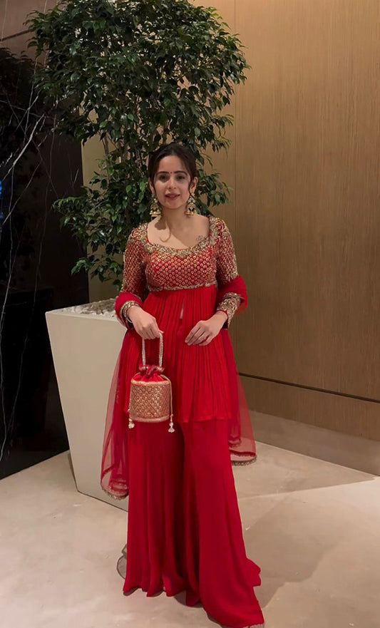 Wonderful Red Georgette Sequence Work Sharara Suit