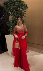 Wonderful Red Georgette Sequence Work Sharara Suit