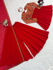 Wonderful Red Georgette Sequence Work Sharara Suit