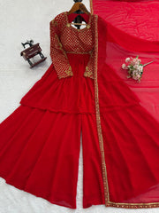 Wonderful Red Georgette Sequence Work Sharara Suit
