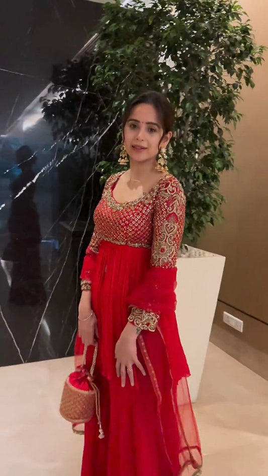 Wonderful Red Georgette Sequence Work Sharara Suit