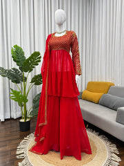 Wonderful Red Georgette Sequence Work Sharara Suit