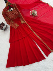 Wonderful Red Georgette Sequence Work Sharara Suit