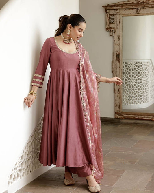 Glorious Pink Color Simmer Silk Work Gown