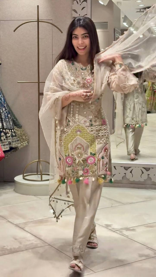 Beige Color Georgette Embroidery Work Salwar Suit