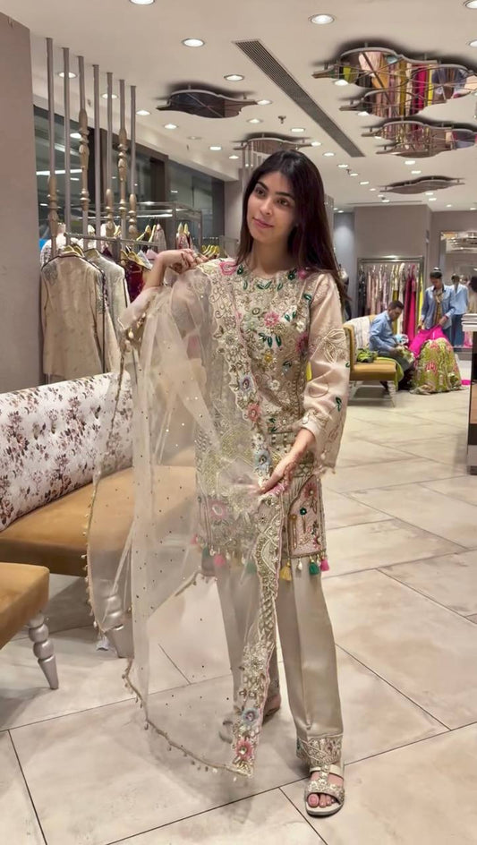 Beige Color Georgette Embroidery Work Salwar Suit