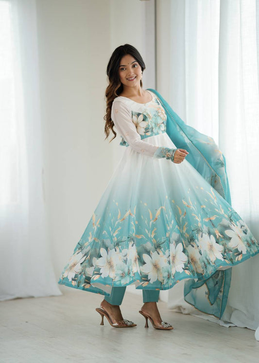 Pretty Sky Blue Organza Silk Anarkali Suit