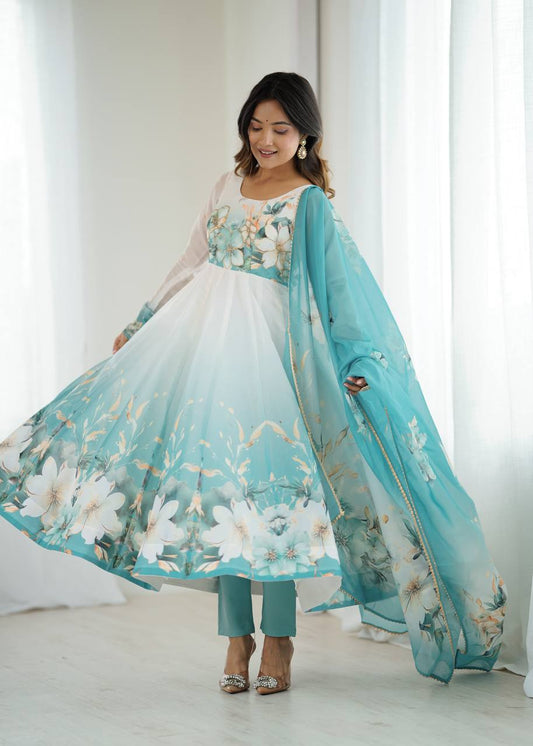 Pretty Sky Blue Organza Silk Anarkali Suit