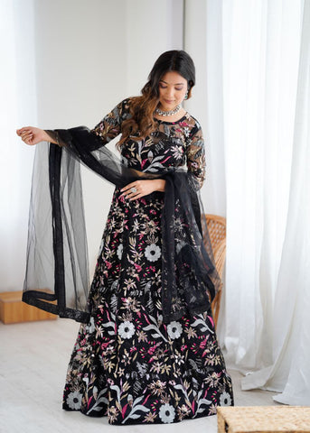 Glorious Black Net Embroidery Work Lehenga Choli