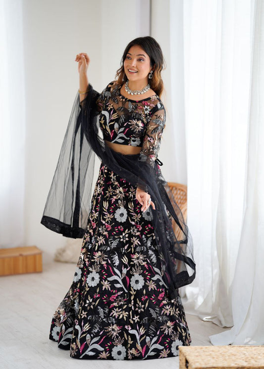 Glorious Black Net Embroidery Work Lehenga Choli