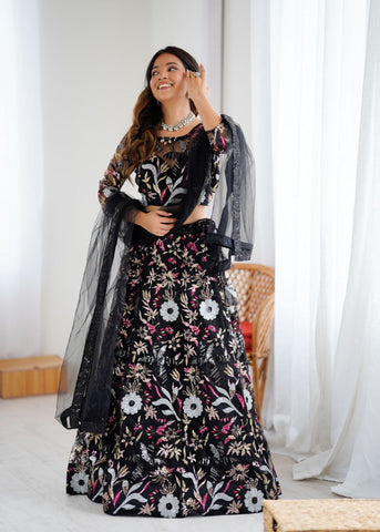 Glorious Black Net Embroidery Work Lehenga Choli