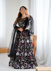 Glorious Black Net Embroidery Work Lehenga Choli