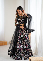 Glorious Black Net Embroidery Work Lehenga Choli