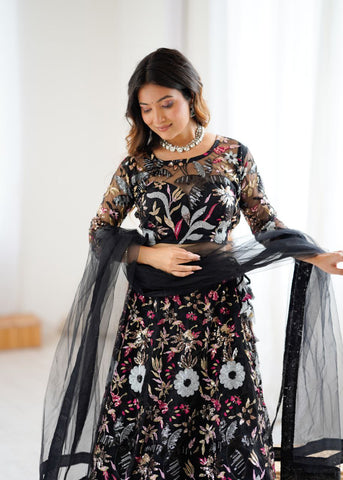 Glorious Black Net Embroidery Work Lehenga Choli