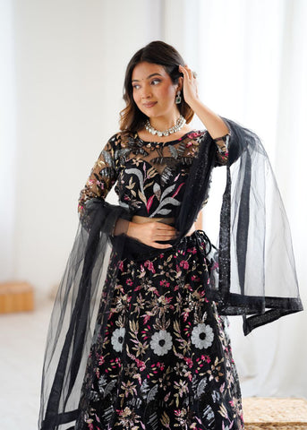 Glorious Black Net Embroidery Work Lehenga Choli