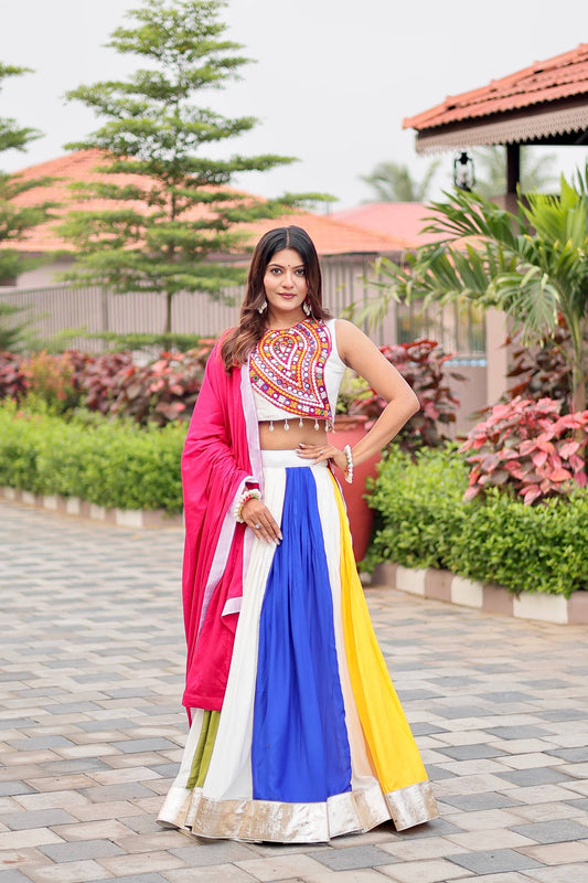 Navratri Wear White Color Cotton Gamthi Work Lehenga