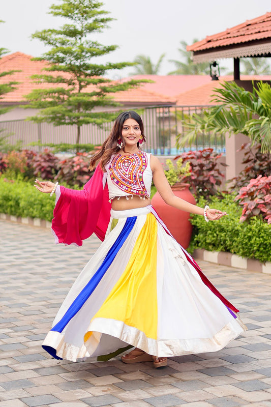 Navratri Wear White Color Cotton Gamthi Work Lehenga