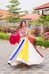 Navratri Wear White Color Cotton Gamthi Work Lehenga